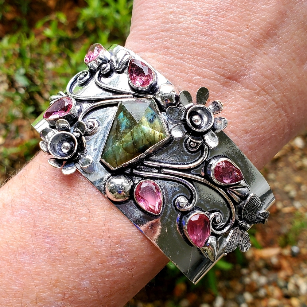 New Labradorite & Rubellite Butterfly and Flowers 925 Silver Cuff Bracelet.